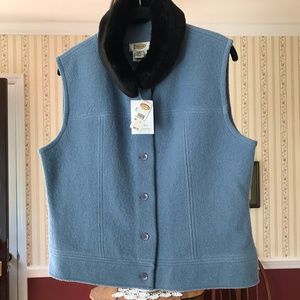 Faux Fur Removable Collar Blue Wool Vest Talbots